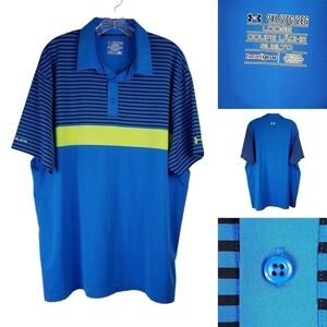 Under Armour HeatGear Polo Shirt Mens 2XL Blue Striped Loose Fit SS Coldblack